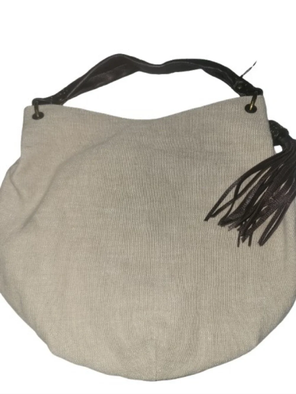 Kate Landry Beige Canvas Hobo with Dark Brown Trim and Tassel